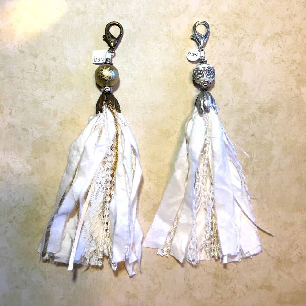 Purse charm Off White silk tassel gold bead purse charm or pendant NWT